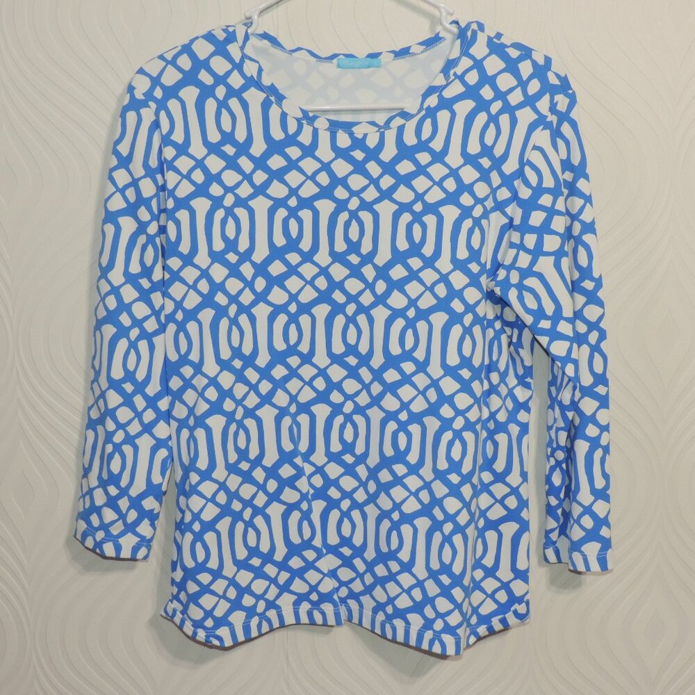 J.McLaughlin sz L Gorg Blue & White 3/4 Slv Catalina Knit Classic Tee